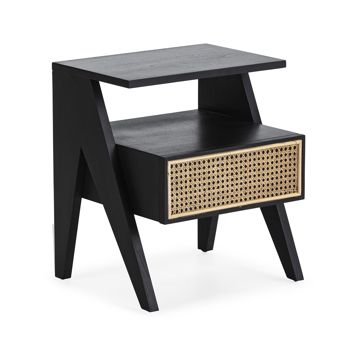 Mesita de noche 45x38x49 madera negro, ratan natural