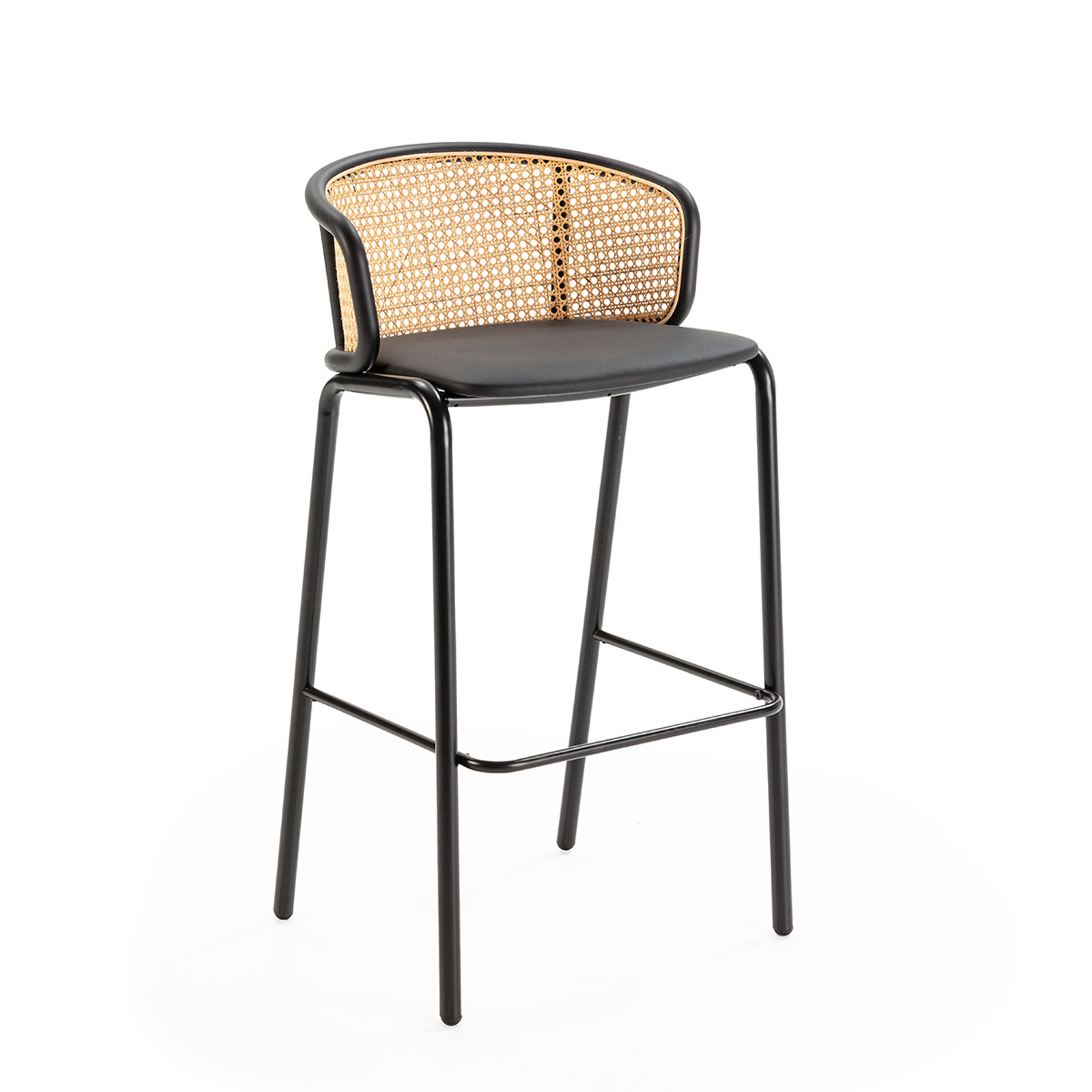 Taburete 51x49x95 metal negro, ratan natural, p.piel negro