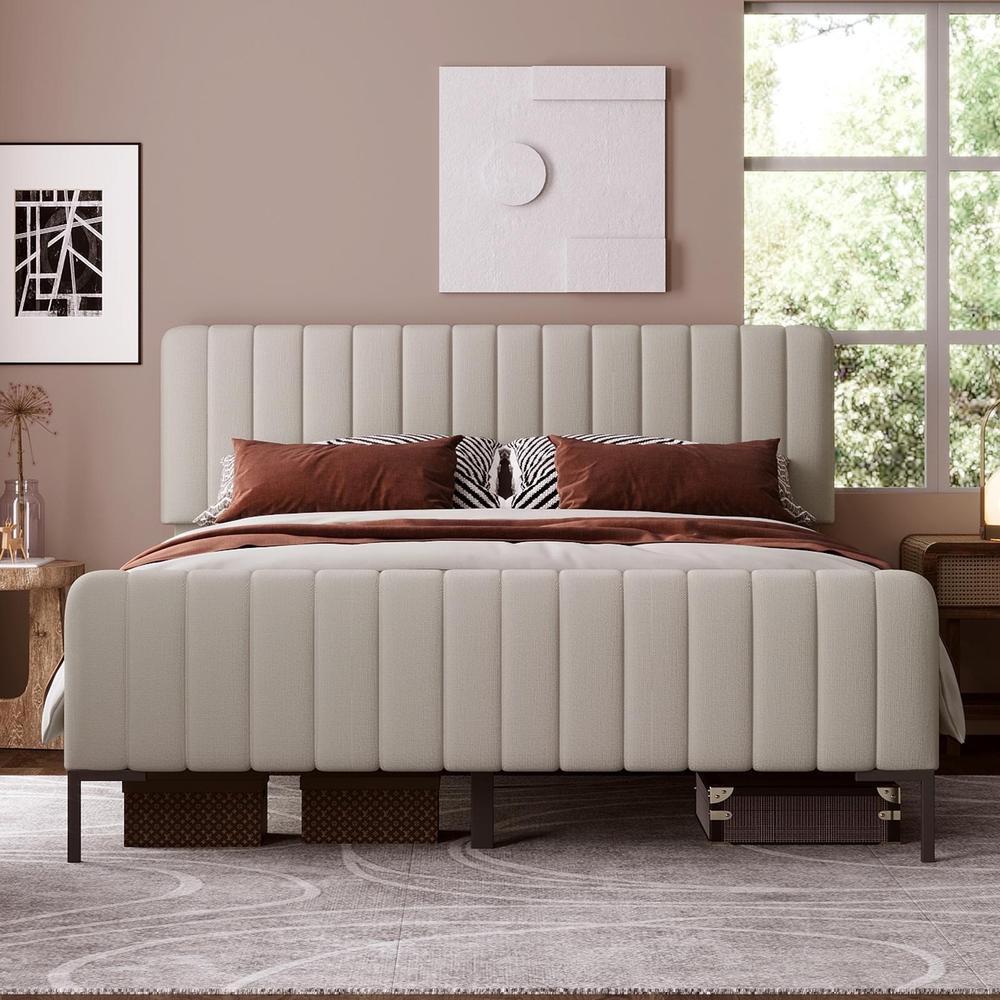 Cama 140x200cm con colchón, somier y cabecero ajustable gris beige
