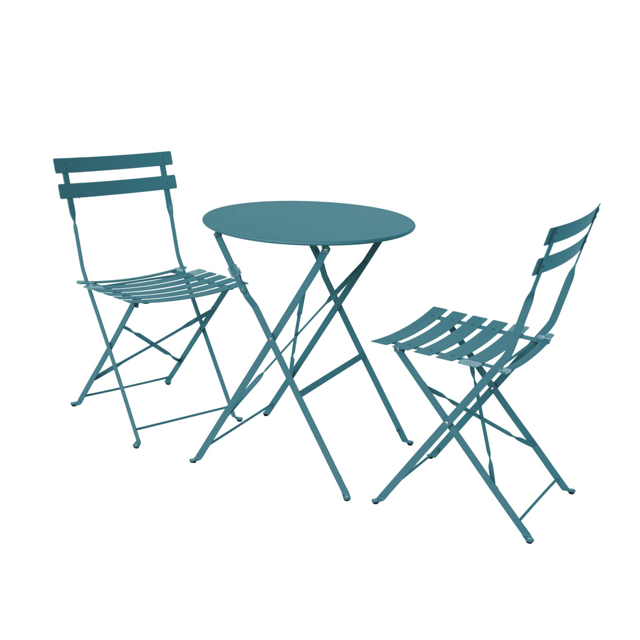 Set mesa de jardín bistró plegable de acero con 2 sillas, ø60cm azul