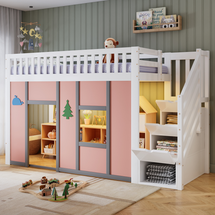 Cama alta infantil 90x200cm con escalera y almacenaje madera blanco rosa