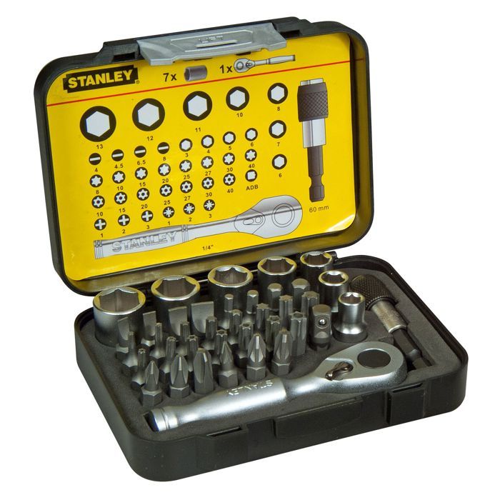 Caja de puntas de destornillador 1/4" 25mm + llave de trinquete - stanley -