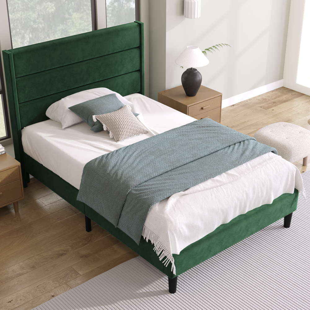 Cama tapizada 90x200cm con cabecero acolchado terciopelo – verde