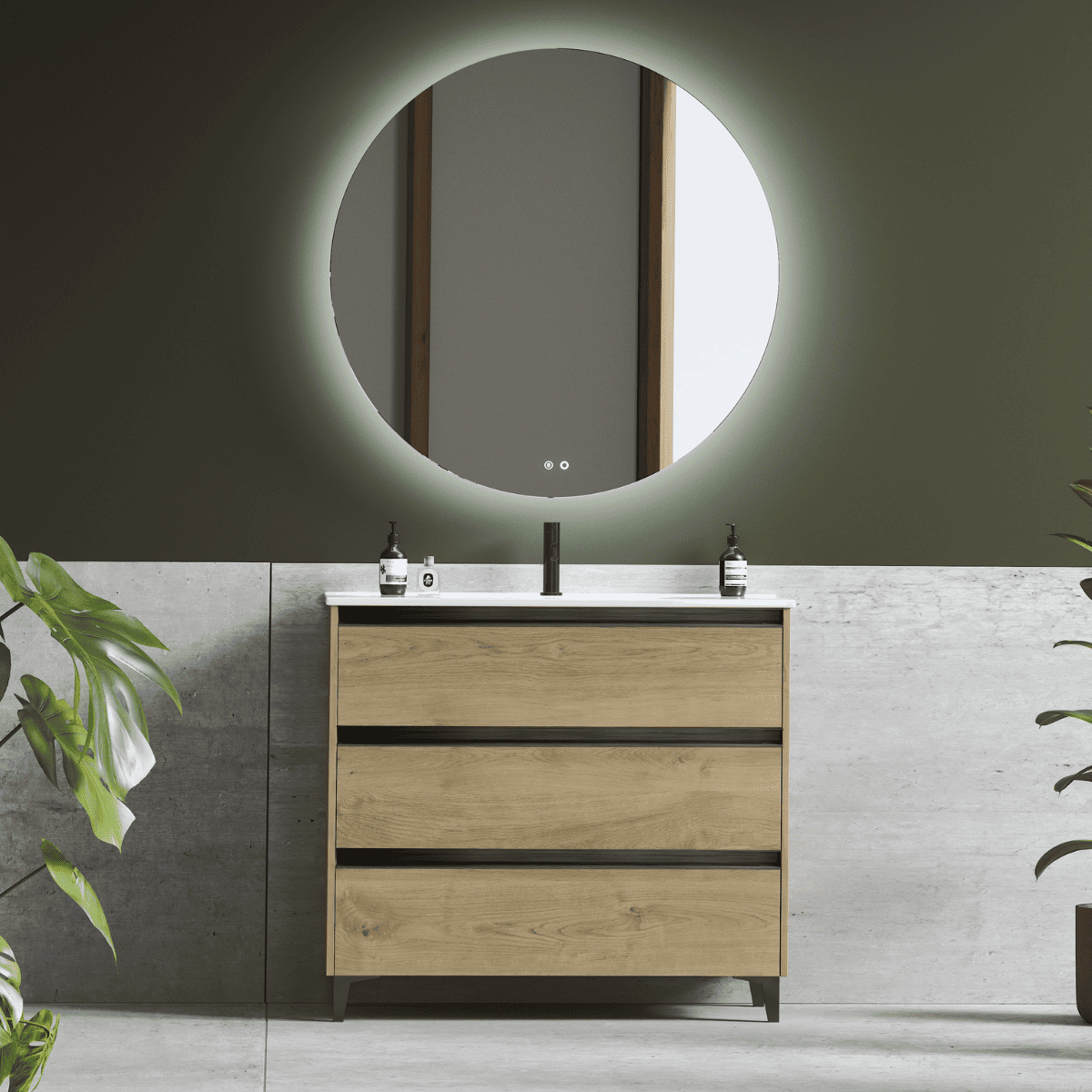 Mueble de baño lavabo cerámico | 3 cajones | 70 cm roble natural tir. Negro