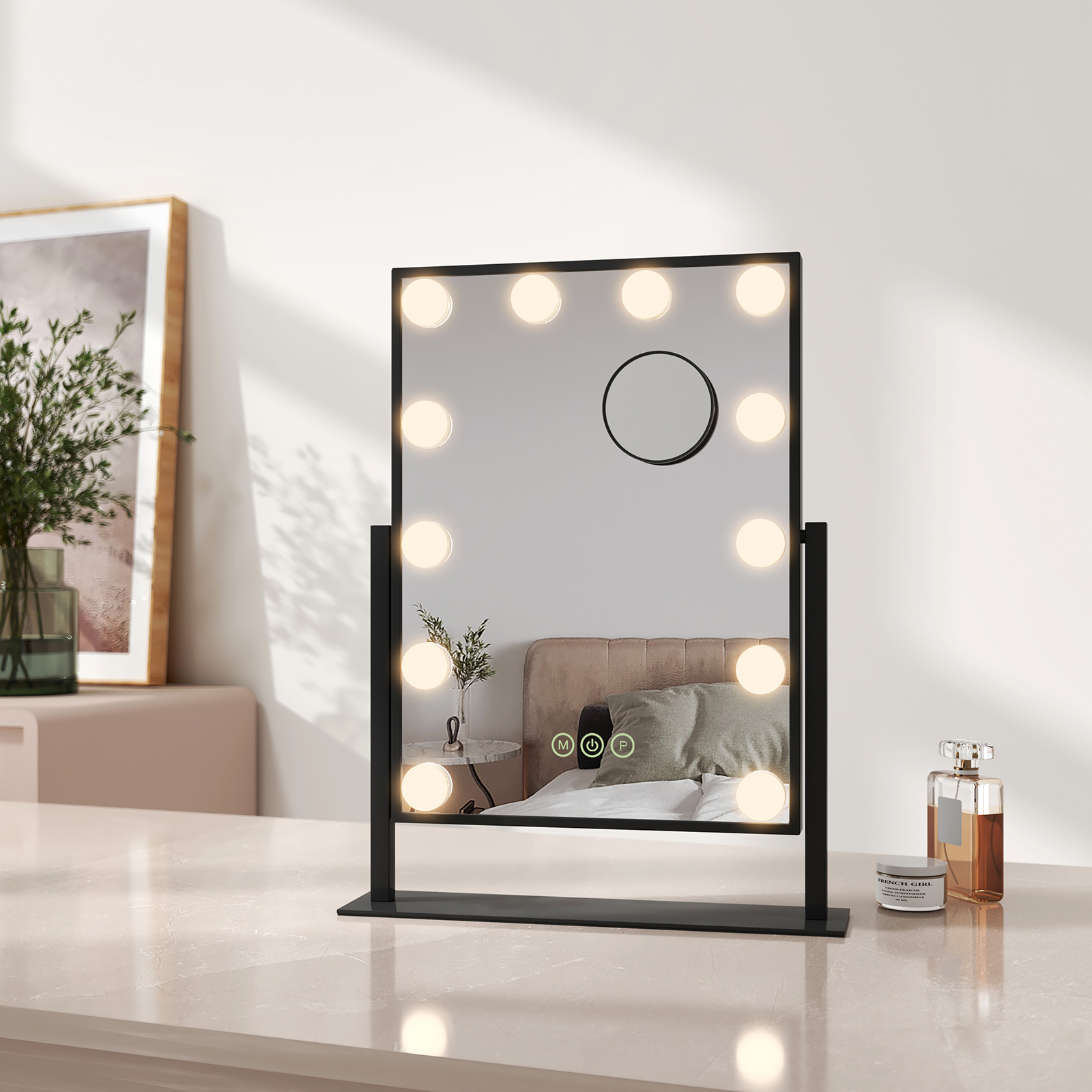 Emke espejo de maquillaje 47,5x36,5 cm, 7x, LED, giratorio, negro
