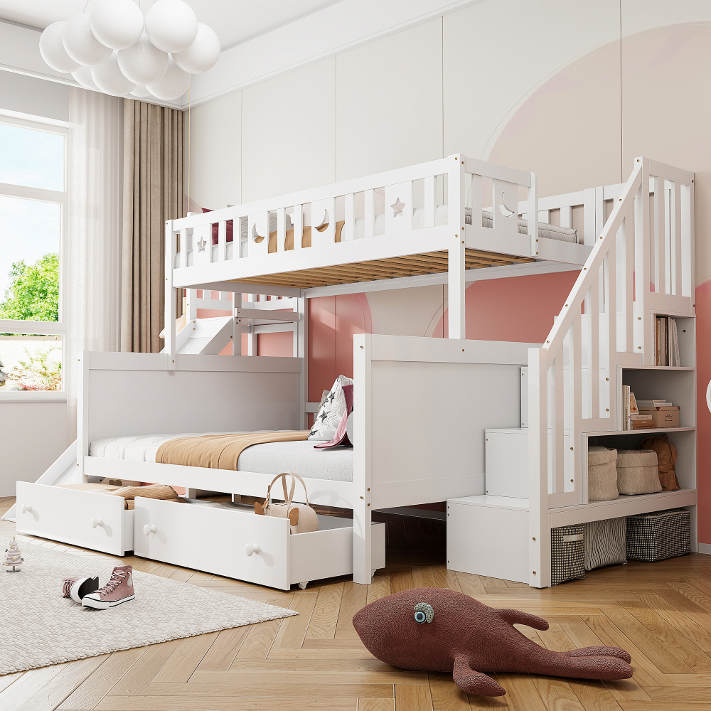 Litera 90/140x200cm con tobogán, cajones y estantes madera maciza – blanco