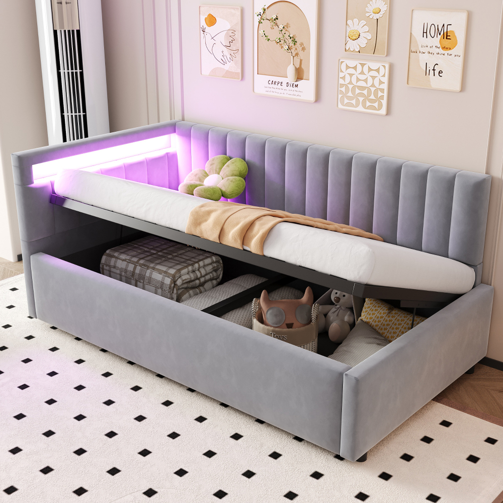 Sofá cama tapizado 90x200cm con canapé hidráulico LED terciopelo gris claro