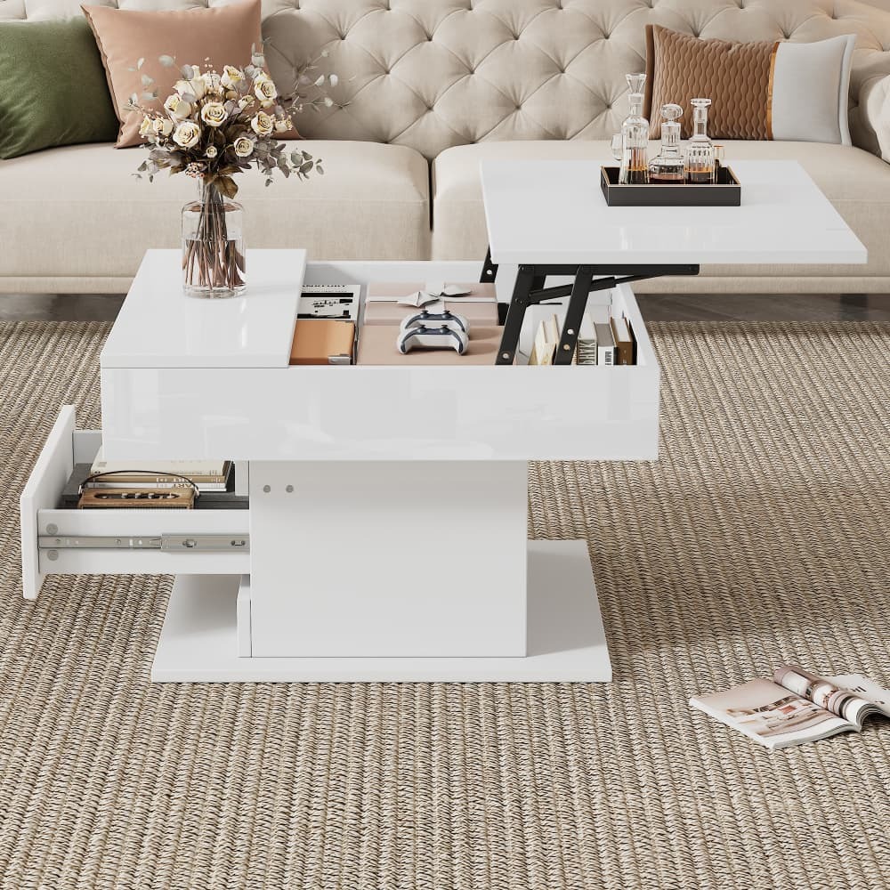 Mesa de centro elevable giratoria con 1 cajón blanco 45x70x70cm