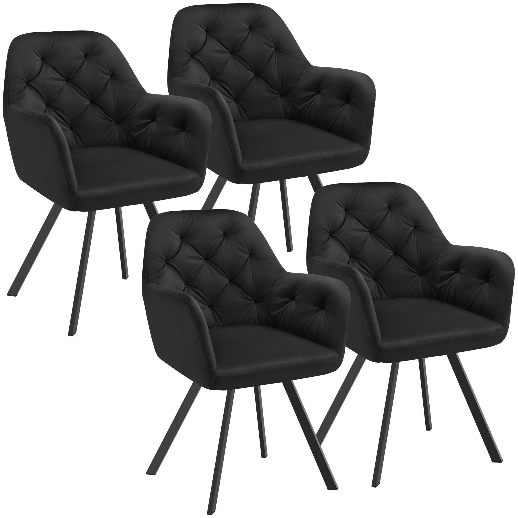 4 sillas de comedor 360º con reposabrazos y de terciopelo, negro
