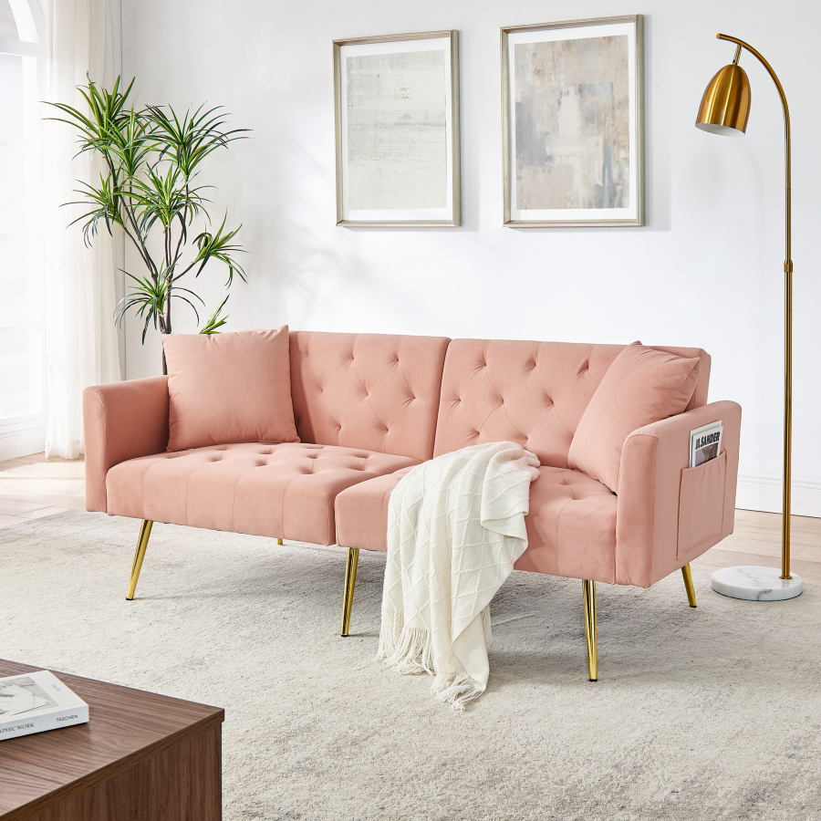 Sofá 2 plazas terciopelo rosa con respaldo ajustable y 2 cojines