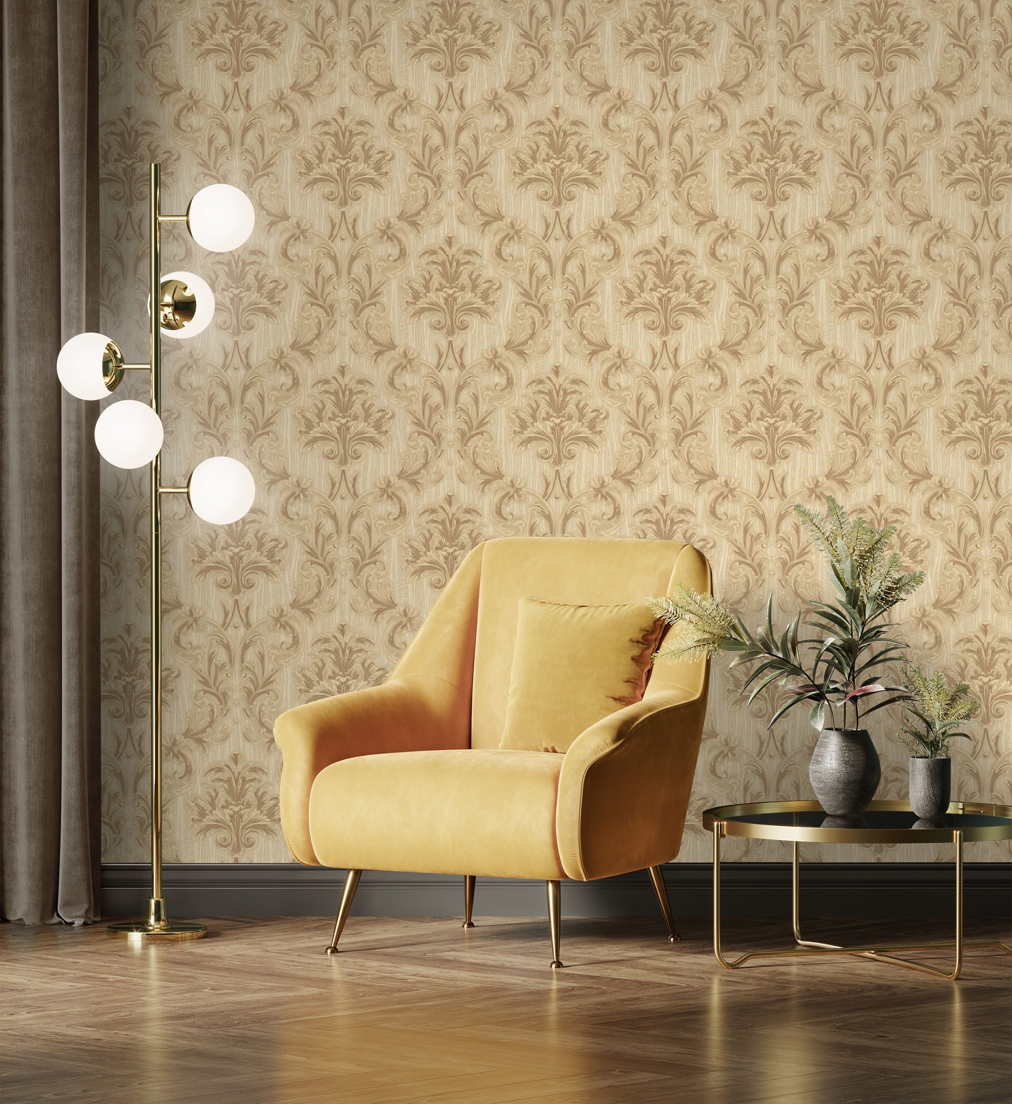 Papel pintado gaulan damasco clásico camel textura de tela 10.6m²