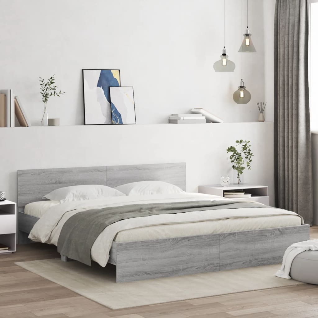 Cama cabecero y luces LED gris sonoma 180x200 cm es6040