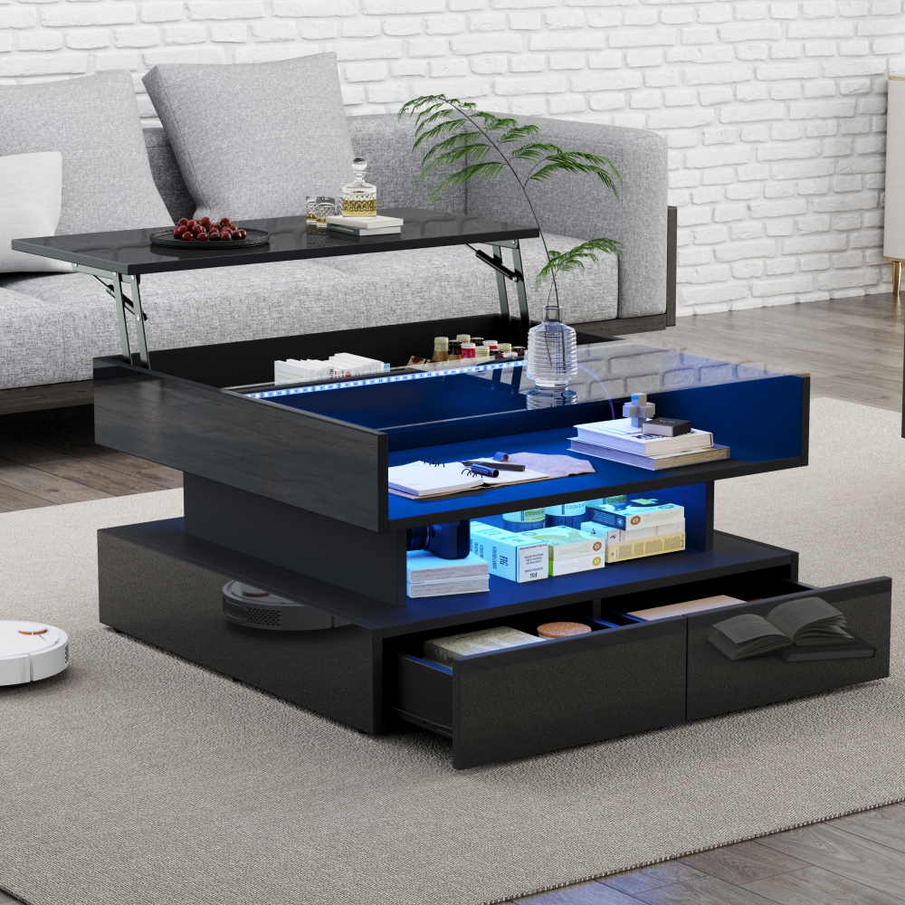 Mesa de centro elevable con LED vidrio templado negro 45x80x80cm