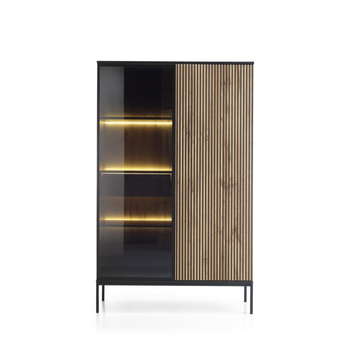 Vitrina moderna - negro/roble wotan - cristal - 104 x 39 x 166 cm