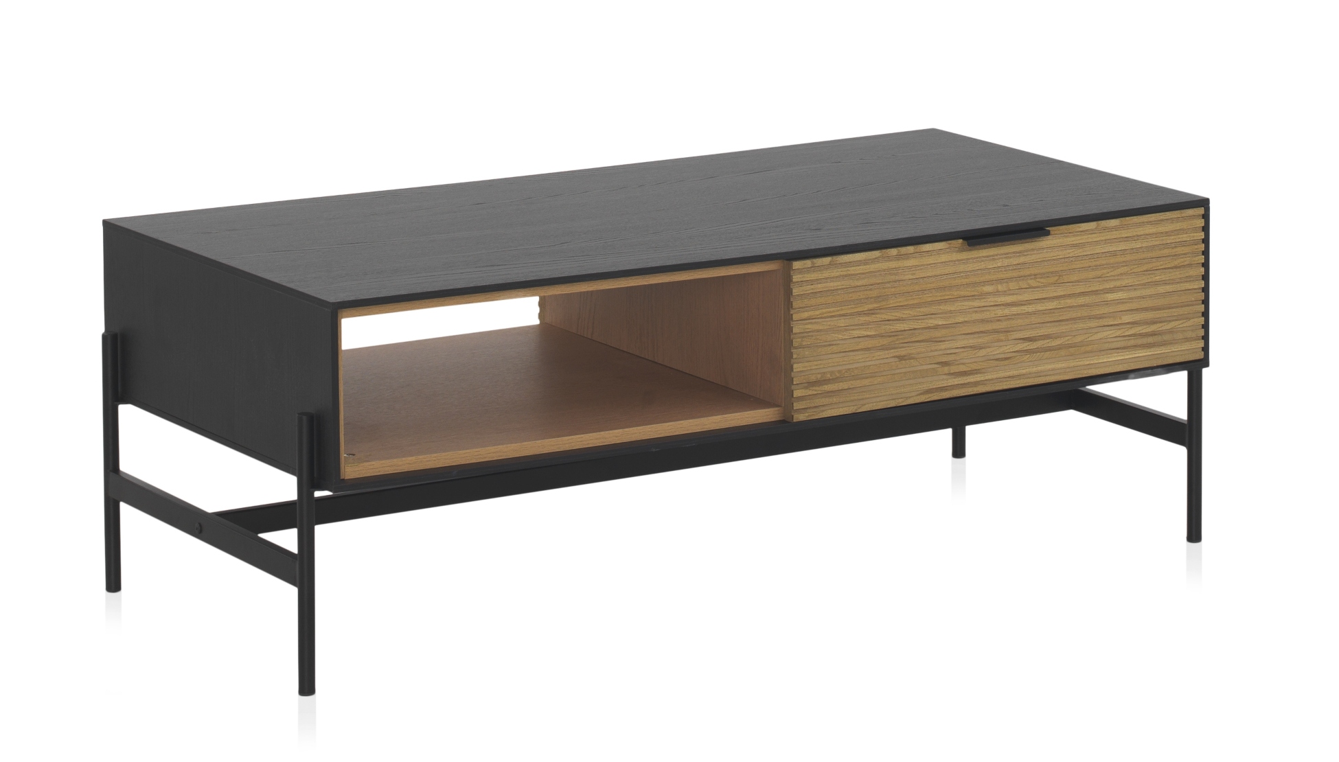 Mesa de centro chapada en fresno negro con cajones naturales y, 124x60x44cm