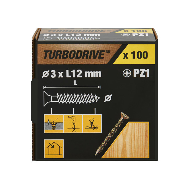 100 tornillos para madera PZ premium 3x12 mm Turbodrive