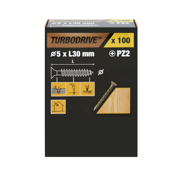 100 tornillos para madera PZ premium 5x30 mm Turbodrive