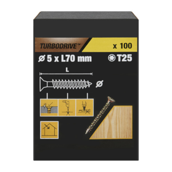 100 Tornillos para madera PZ premium 5x70 mm Turbodrive