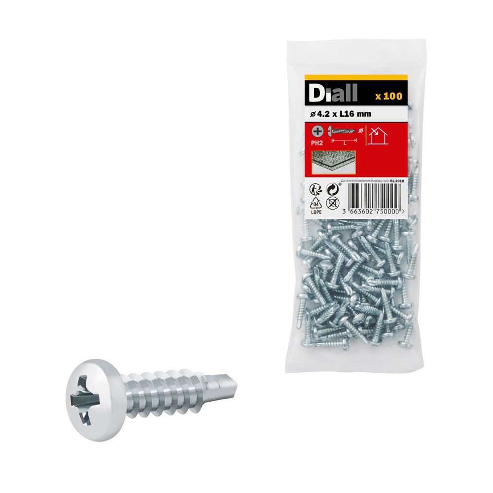 100 Tornillos autoperforantes de acero 4,2x16 mm Diall