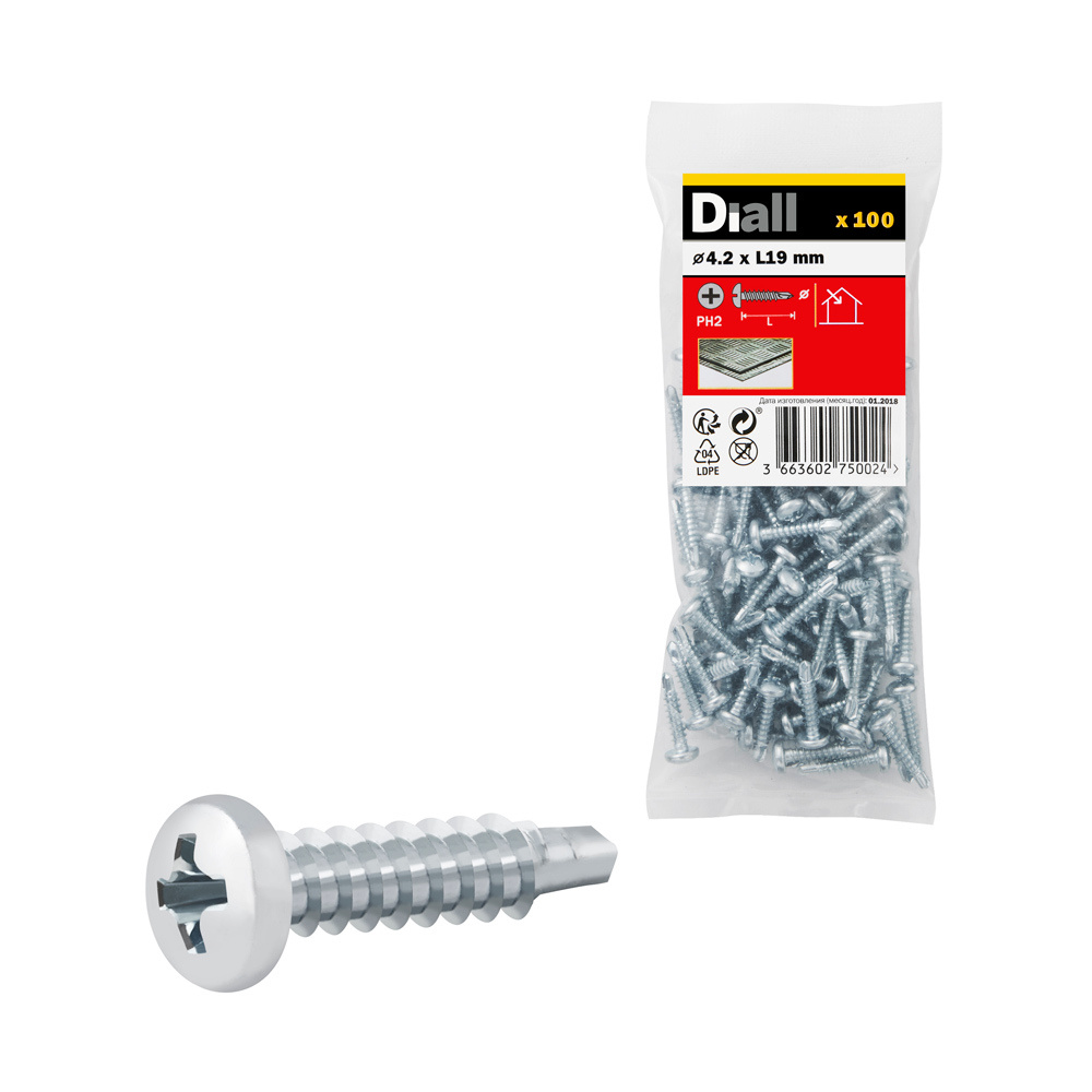 100 Tornillos autoperforantes de acero 4,2x19 mm Diall