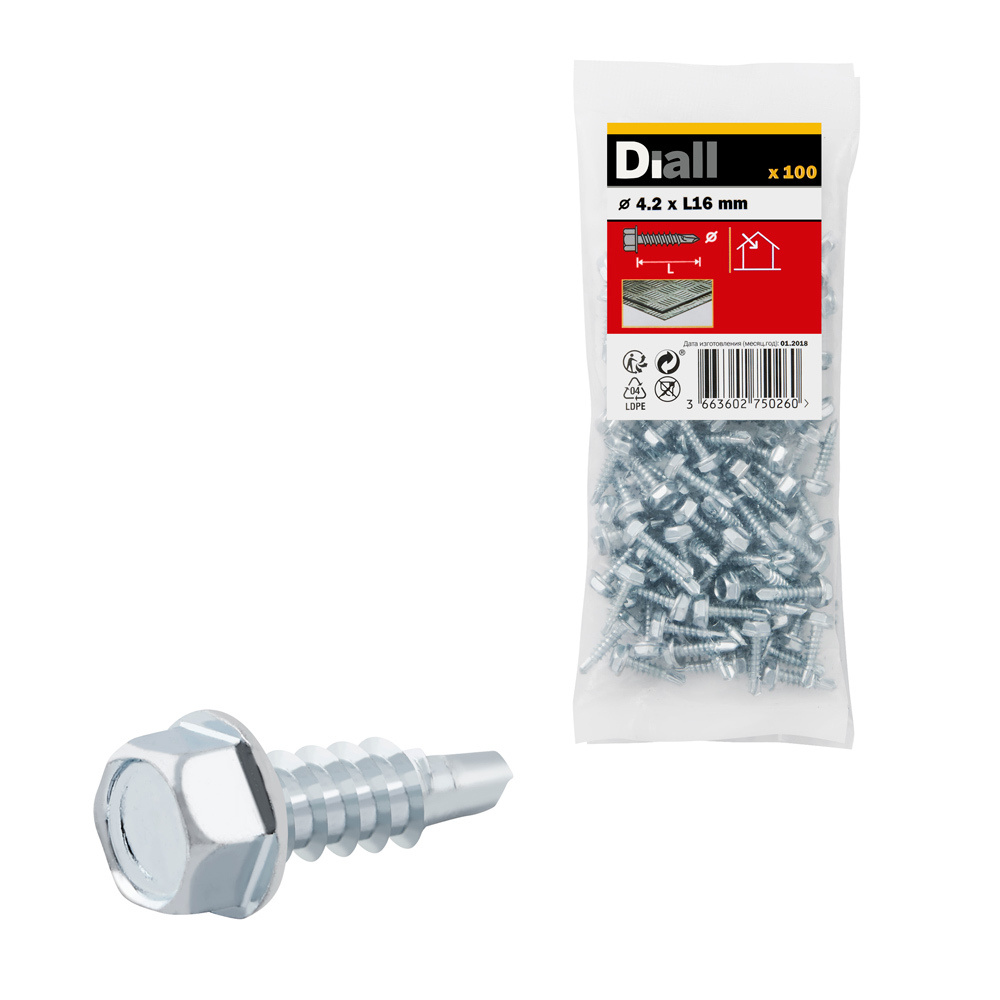 100 Tornillos autoperforantes cabeza hexagonal 4,2x16 mm Diall