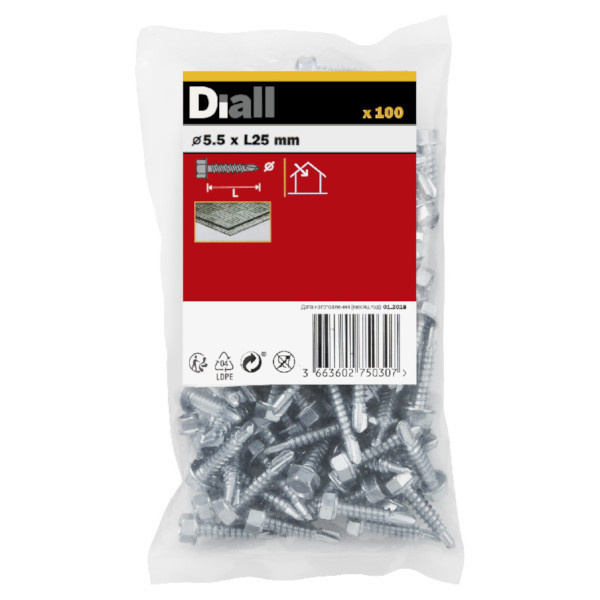 100 Tornillos autoperforantes cabeza hexagonal 5,5x25 mm Diall