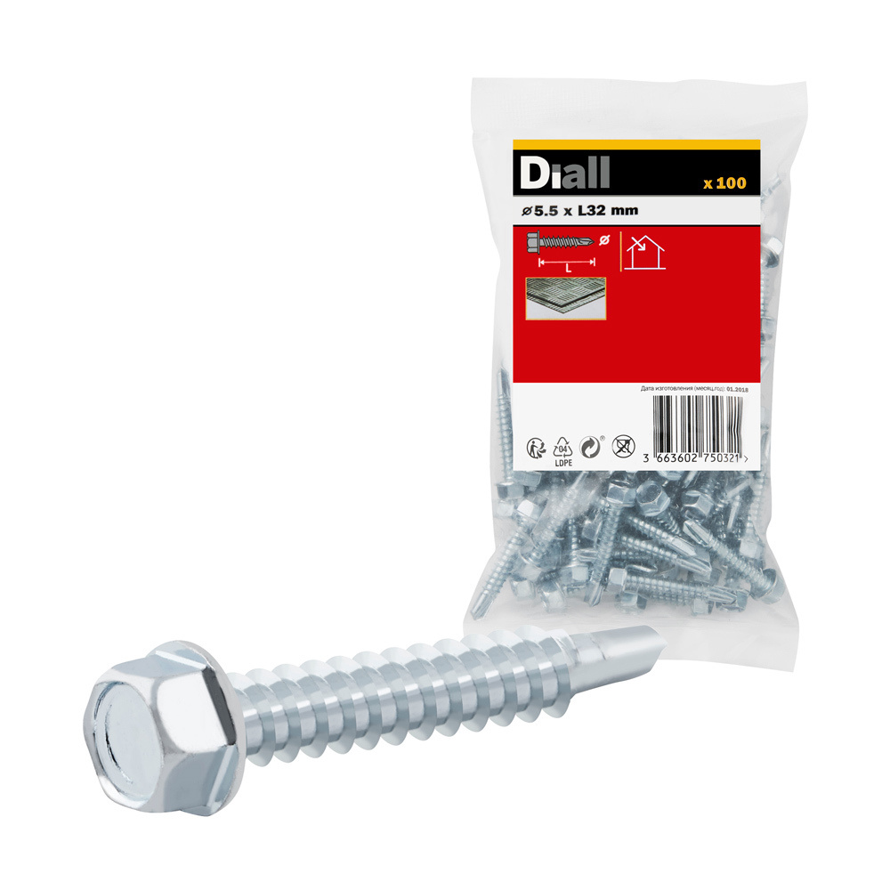 100 Tornillos autoperforantes cabeza hexagonal 5,5x32 mm Diall