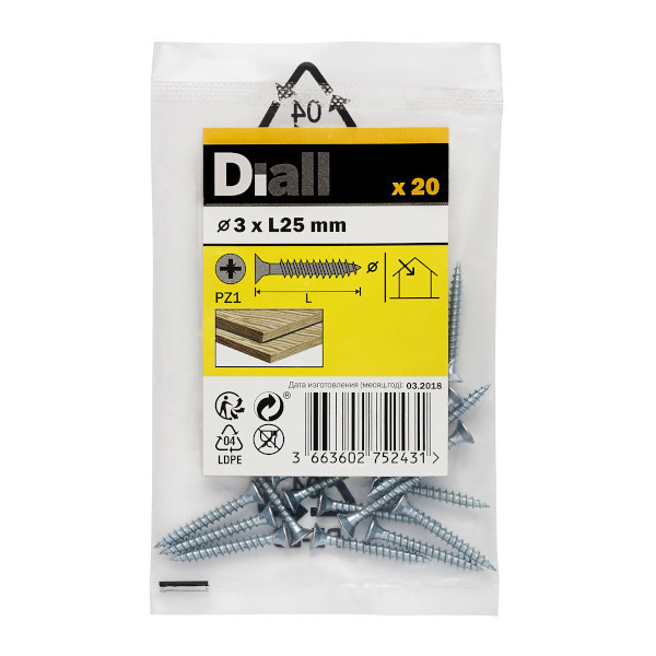 20 Tornillos para madera PZ 3x25 mm Diall