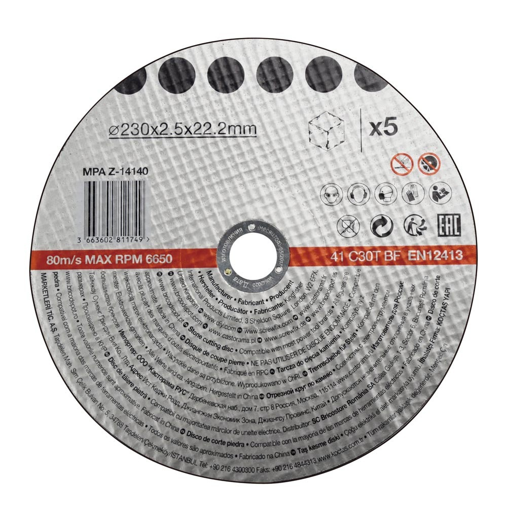 Pack 5 discos de corte para piedra 230 x 2,5 mm