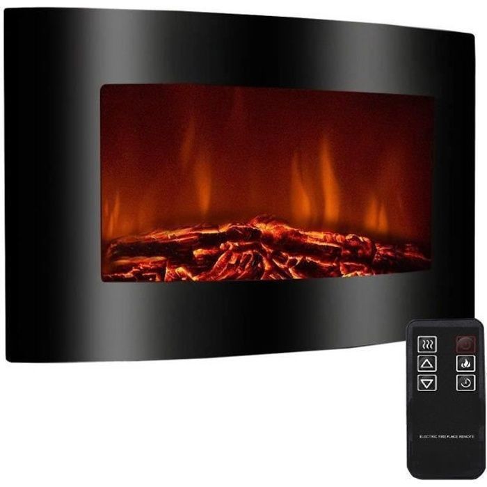 Chimenea mural negra curva 2000w, llama LED realista, termostato, mando