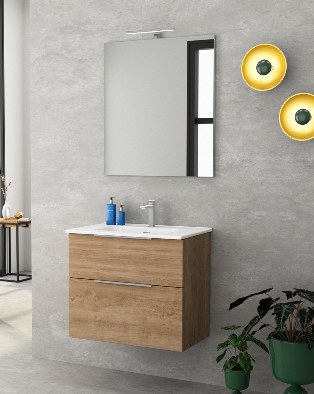Mueble de baño suspendido con lavabo cerámico | 80 cm - roble natural