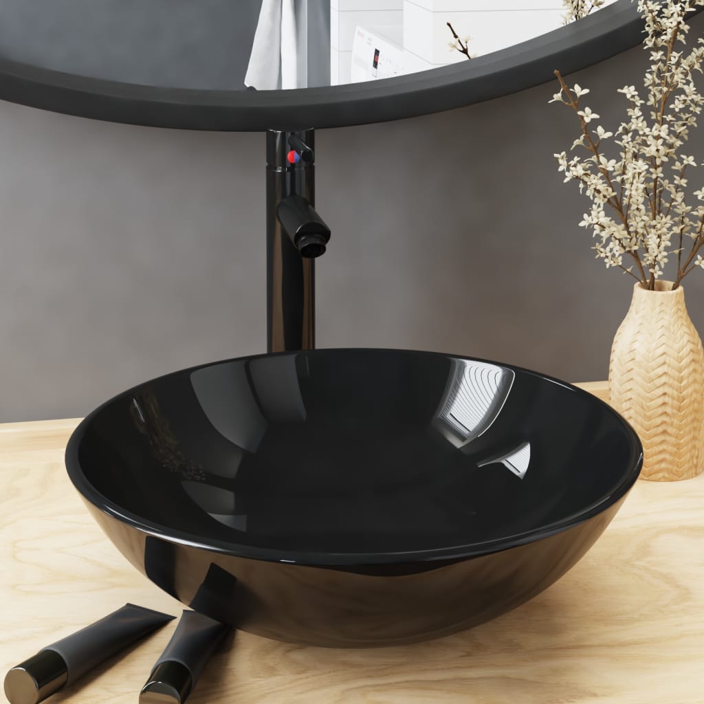 Lavabo de baño grifo y desagüe de empuje vidrio templado negro es4156