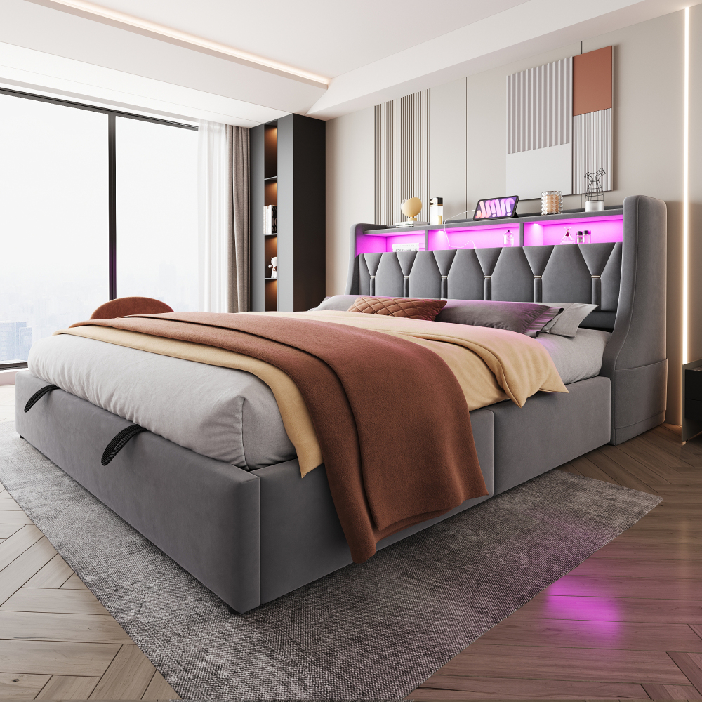 Cama tapizada 180x200cm con canapé hidráulico, LED enchufe terciopelo gris