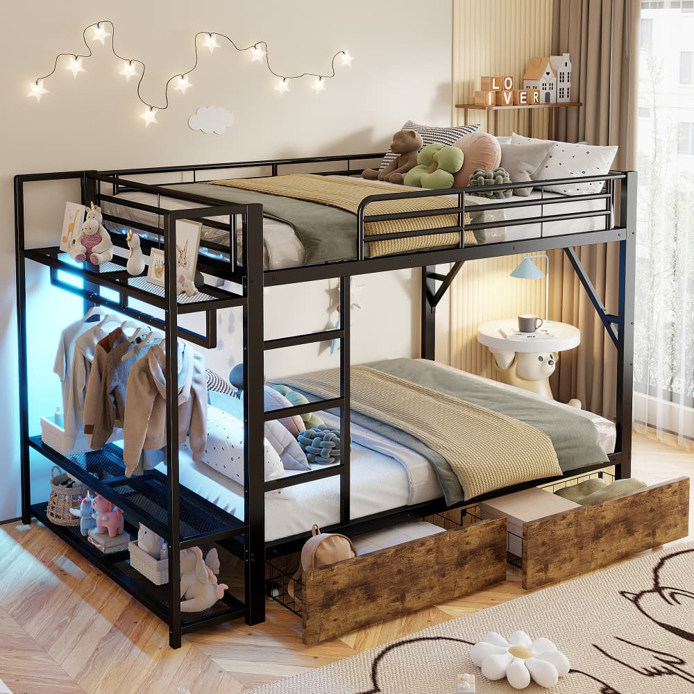 Litera 140x200 cm con LED, estantes, cajones y barra para ropa metal negro