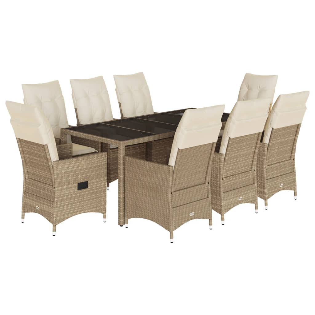 vidaXL set comedor de jardín 9 pzas con cojines ratán sintético beige