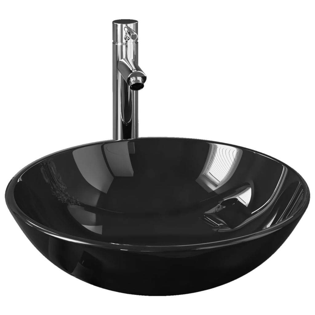 vidaXL lavabo de baño grifo y desagüe de empuje vidrio templado negro