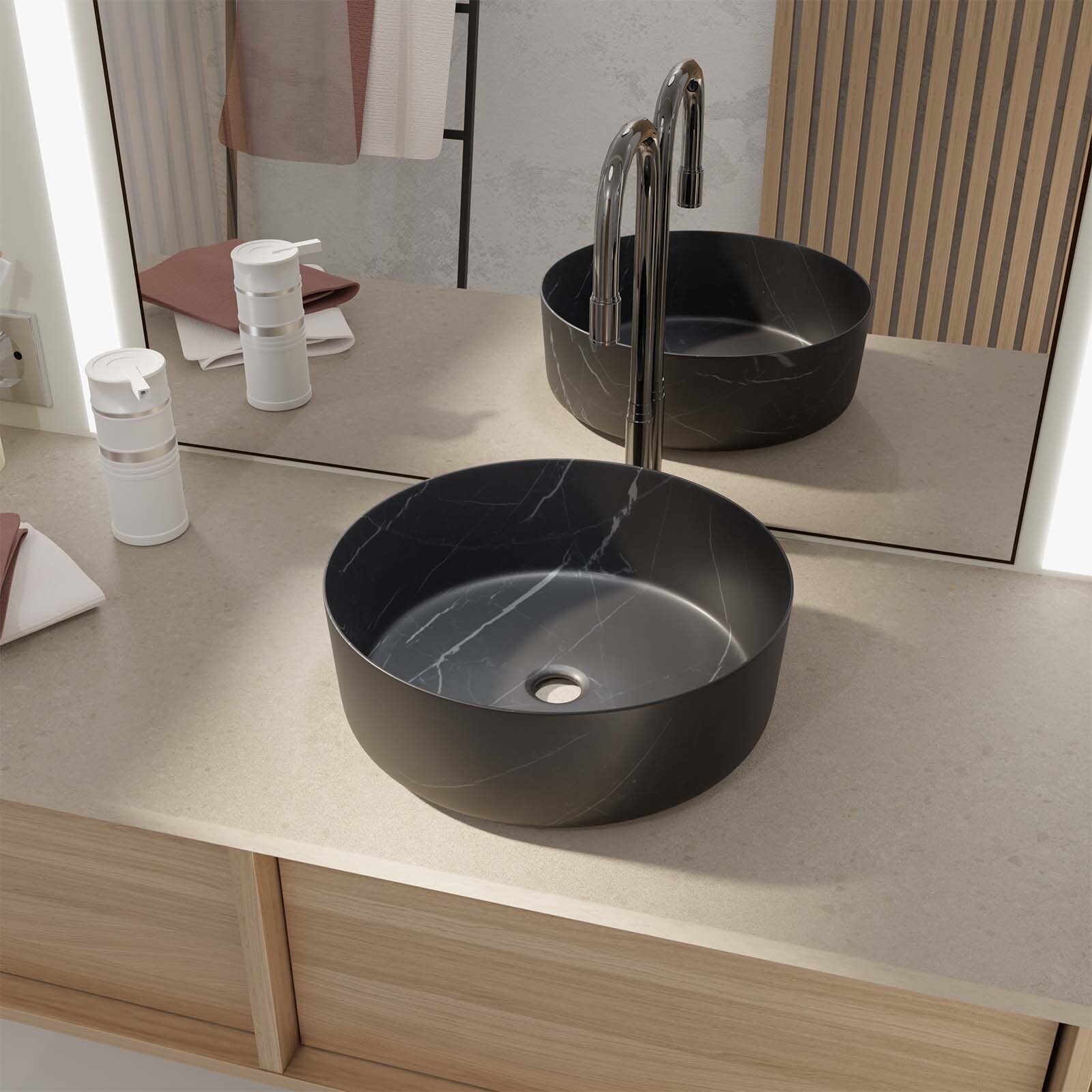 Lavabo redondo de cerámica negra mate efecto mármol ⌀36x12cm black marble