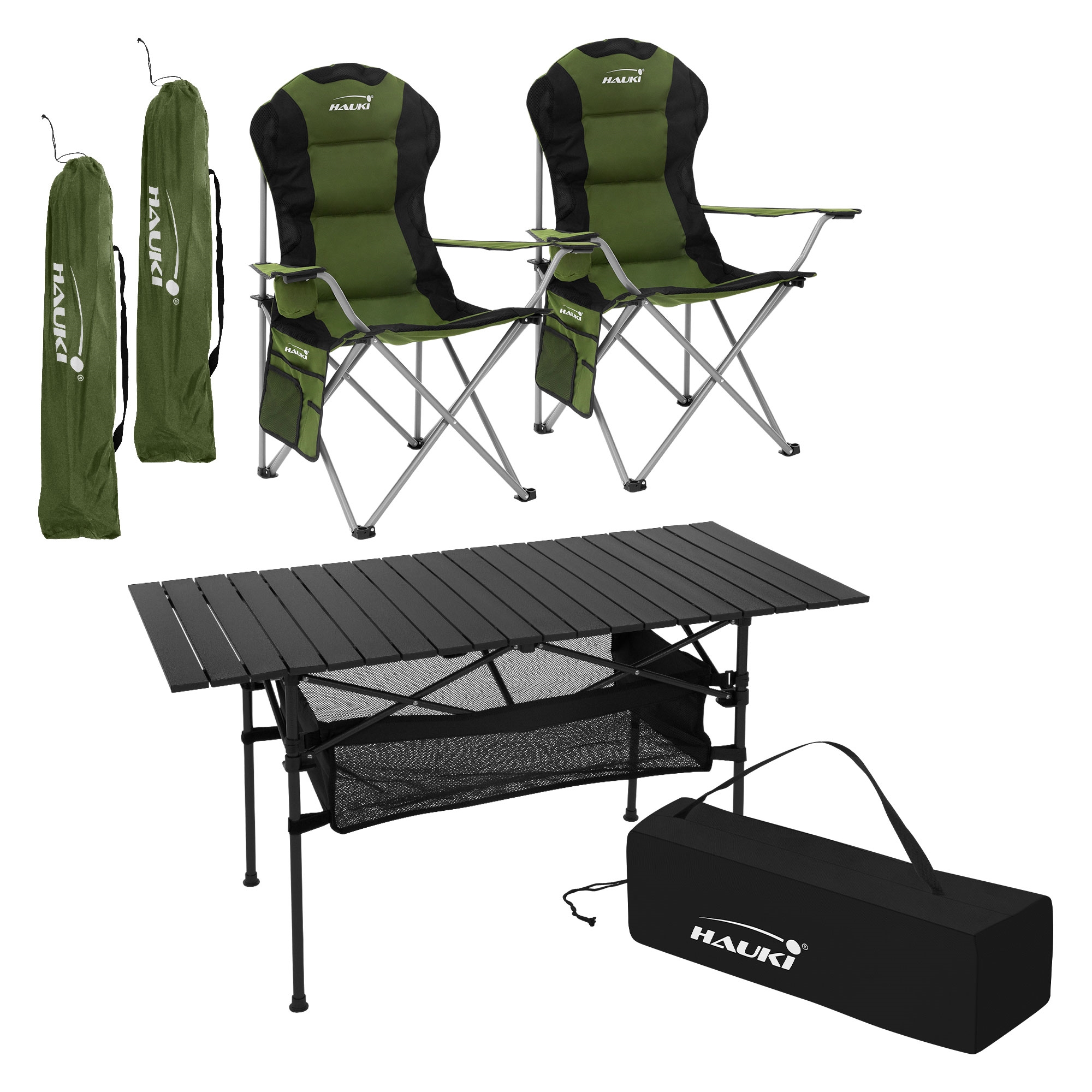 Muebles de camping mesa y 2 sillas caqui plegables mobiliario acampada