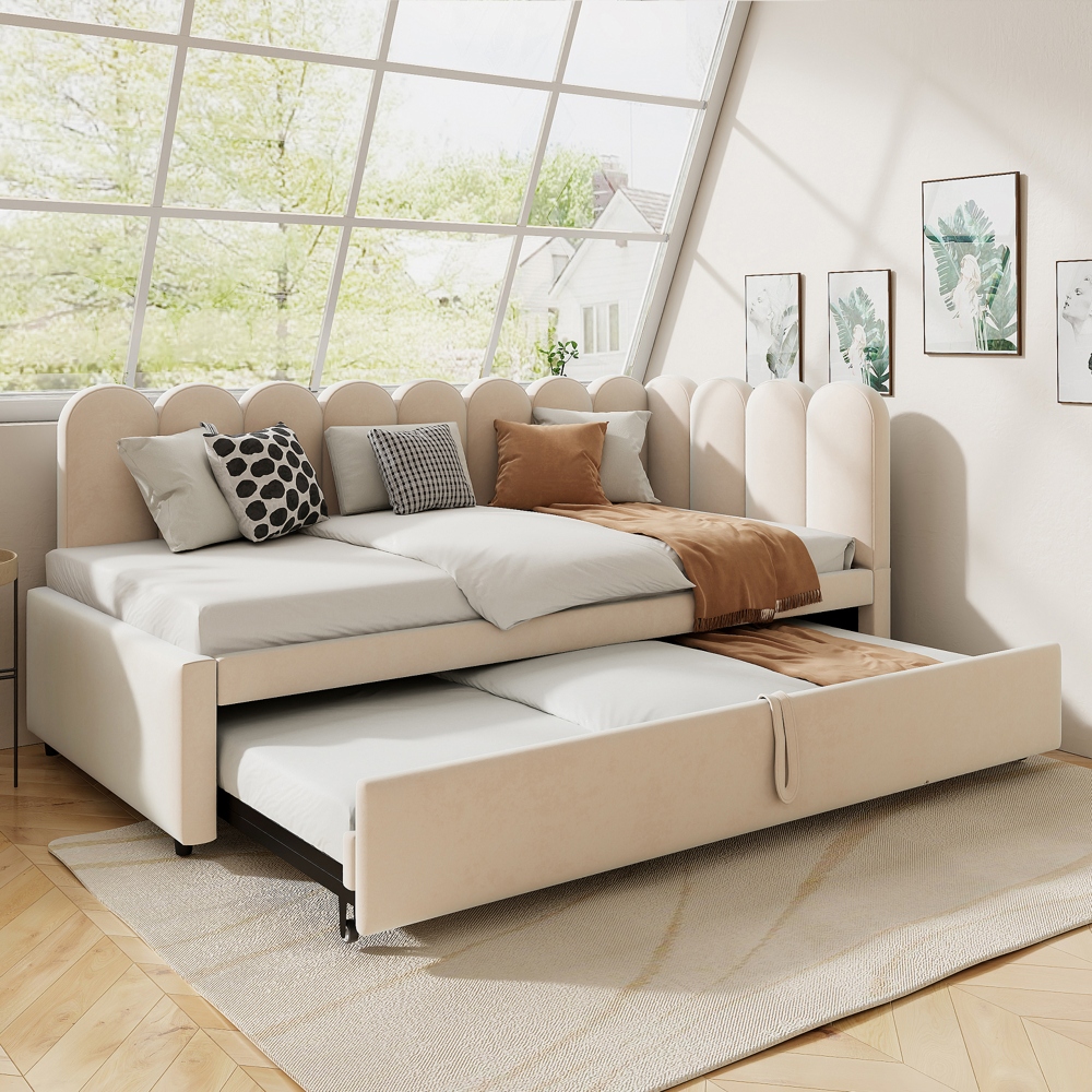 Sofá cama acolchado en forma de l, 90/180 x 200 cm, terciopelo,beige.
