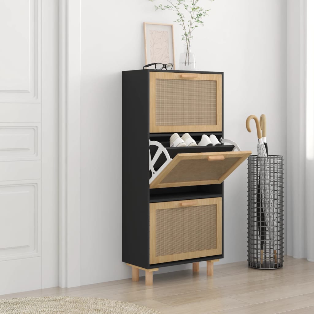 Zapatero madera contrachapada negro ratán natural 52x25x115 cm es2930