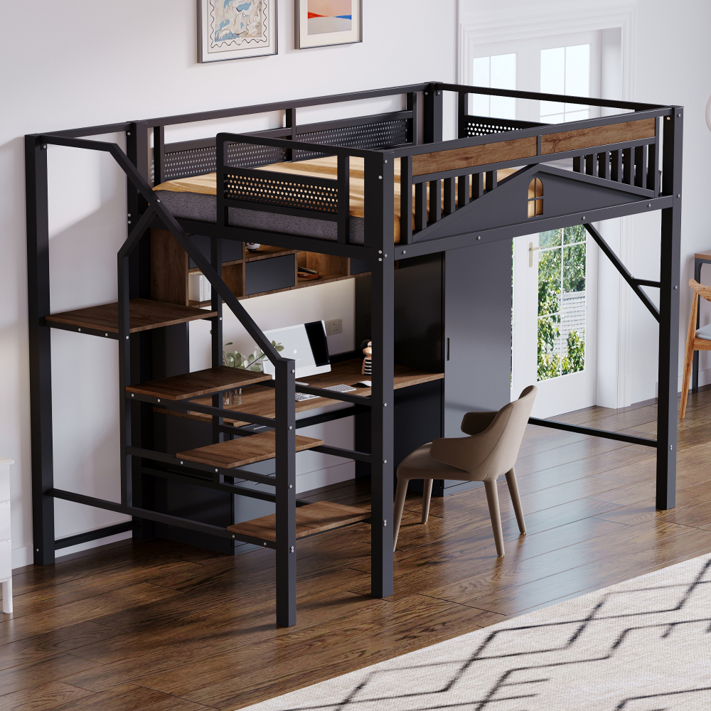Cama alta metálica 140x200cm con barandilla, escalera y almacenaje – negro
