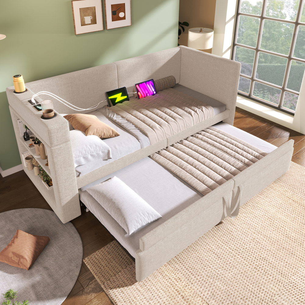 Cama nido 90x200cm, sofá cama con usb-c y portavasos algodón+lino – beige