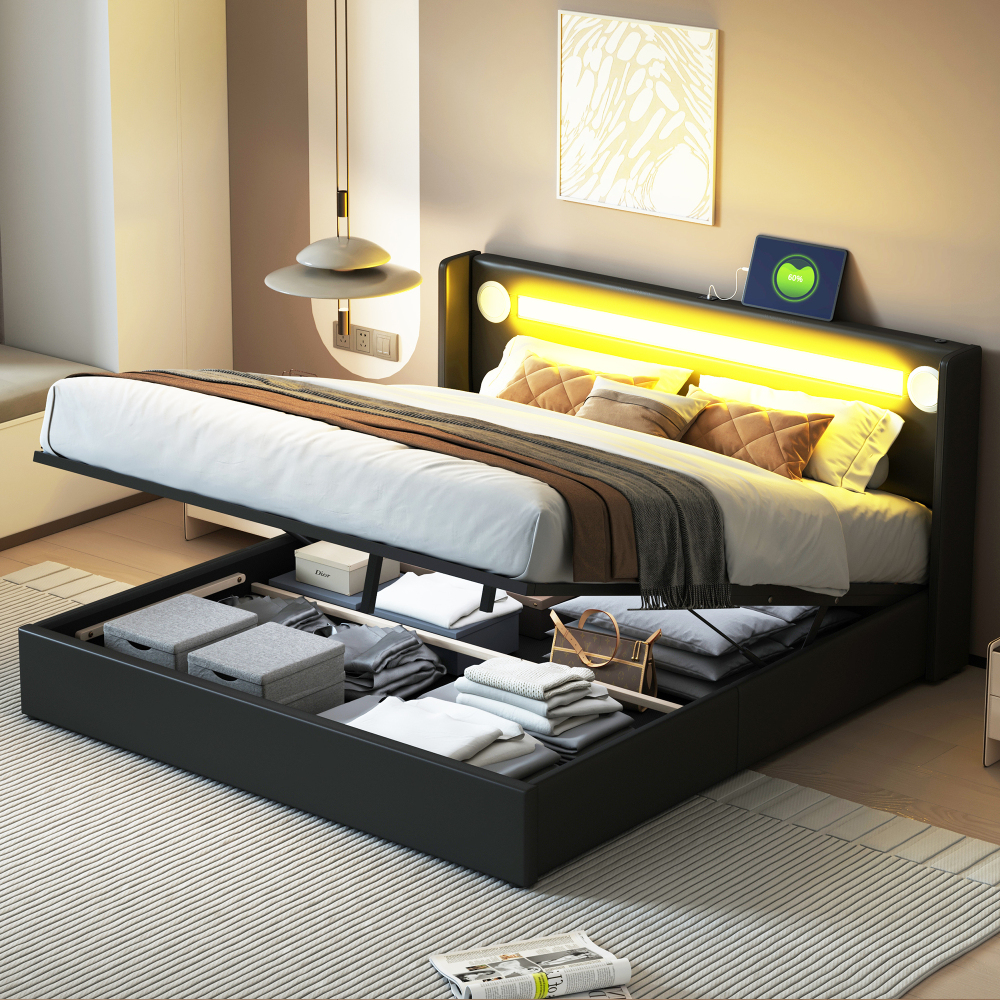Cama tapizada 160x200cm con LED, bluetooth y canapé pu – color negro
