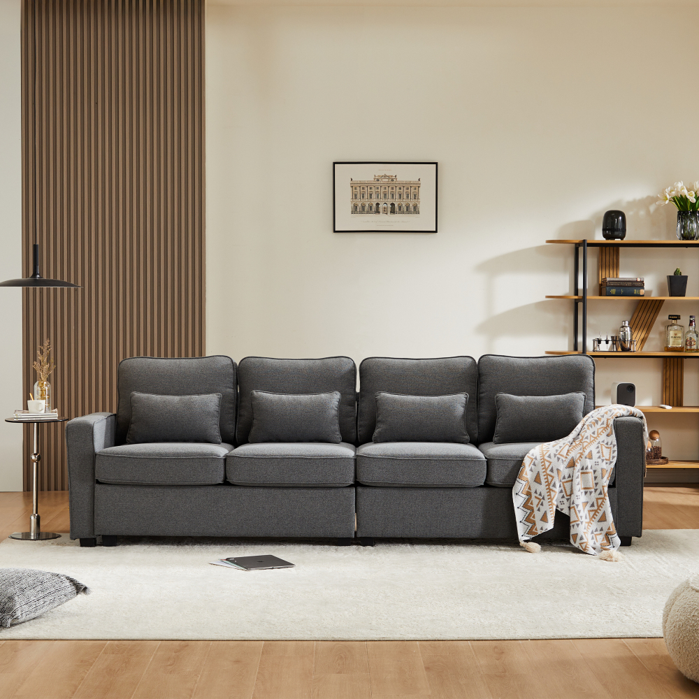 Sofá 4 plazas lino gris oscuro con bolsillos laterales y 4 cojines