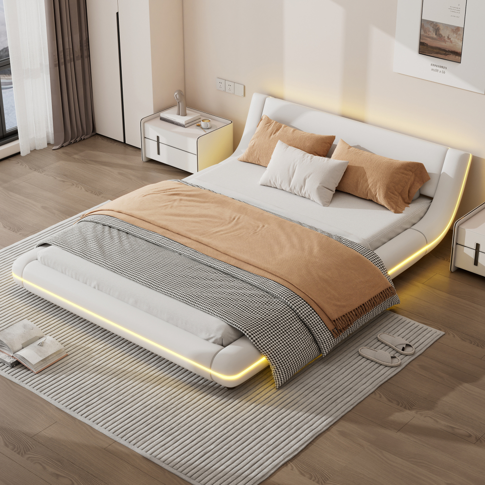 Cama tapizada 140x200cm con LED ambiente pu – color blanco