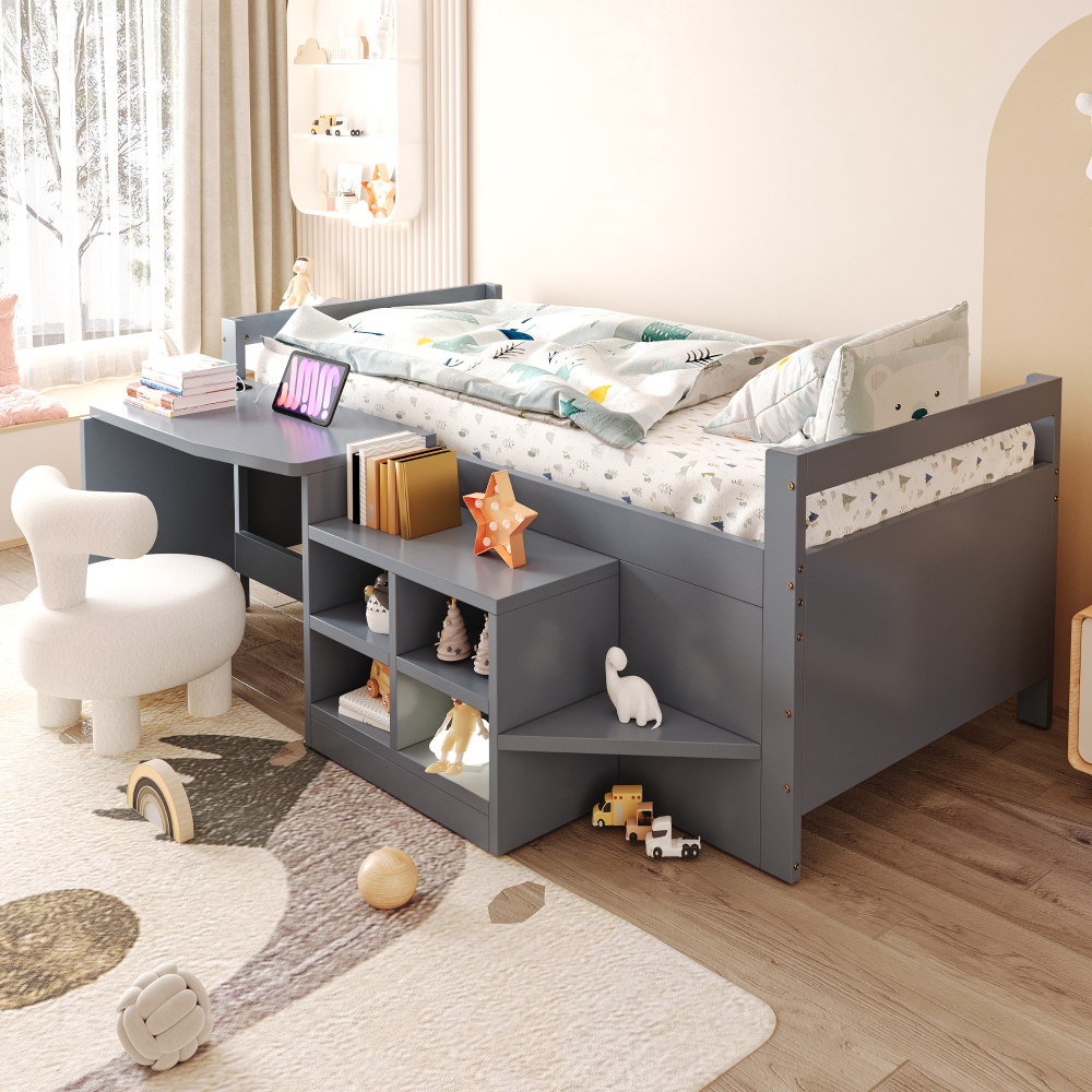Cama infantil 90x200 cm con escritorio y almacenaje de madera – gris