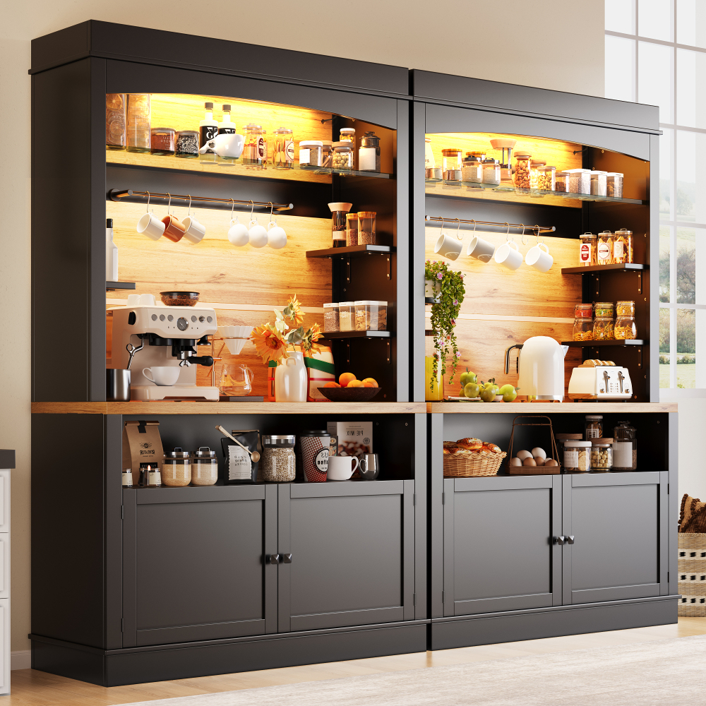 Vitrina para cocina con LED 2 puertas negro 184x107x43cm set de 2