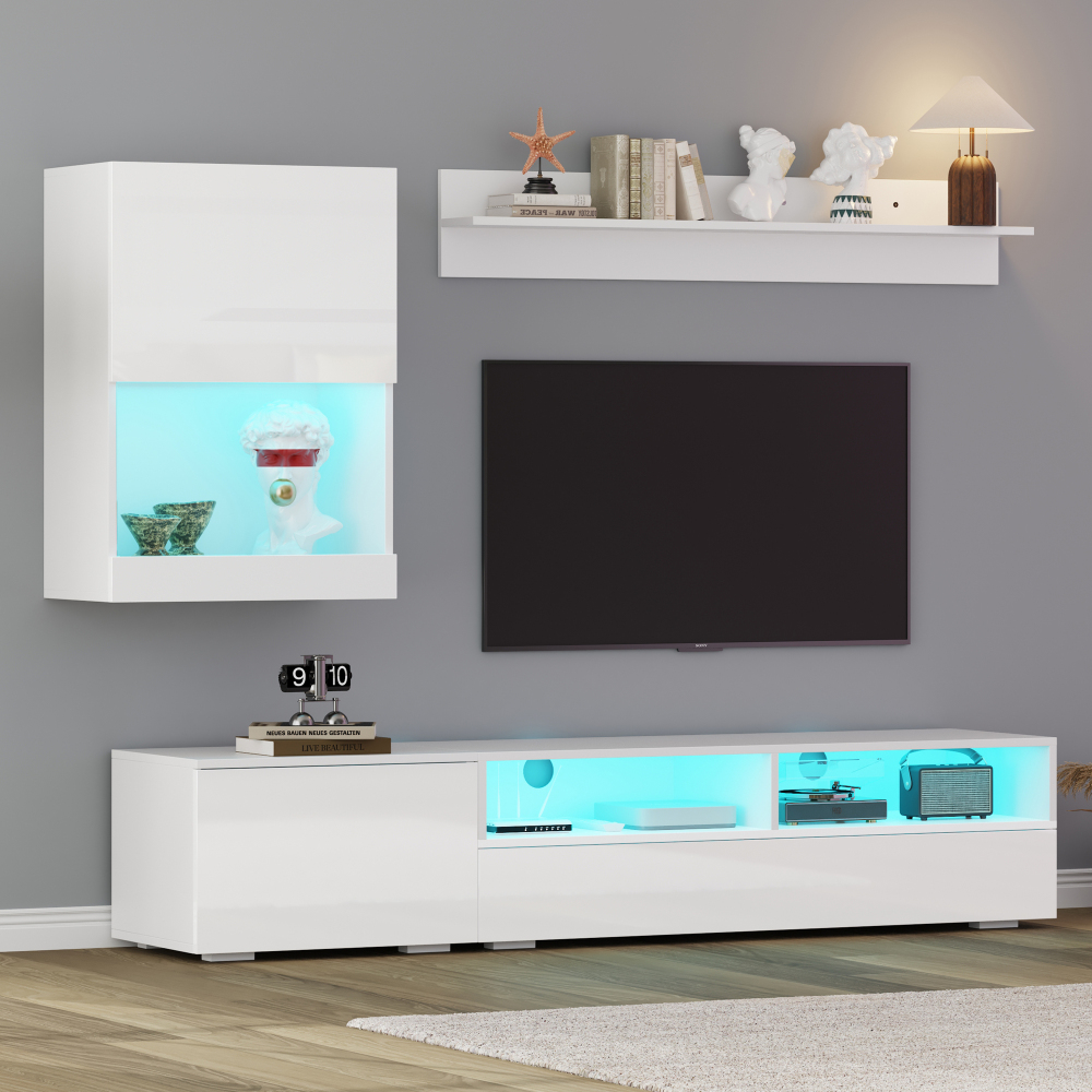 Mueble de tv modular para salón 3 piezas con LED blanco 175x39x34cm