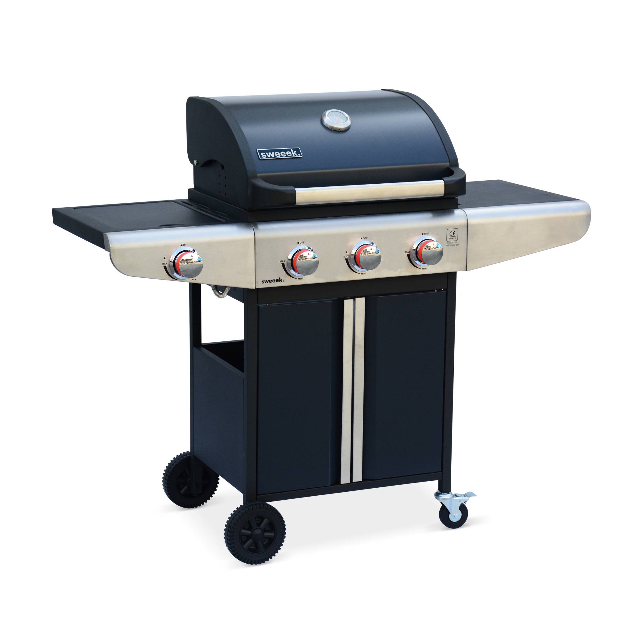 Barbacoa de gas de 3 quemadores con 1 quemador lateral, bazin 3, negro,