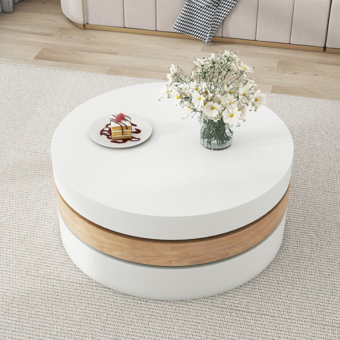Mesa de centro giratoria con almacenaje blanca y madera natural 35x60x60cm